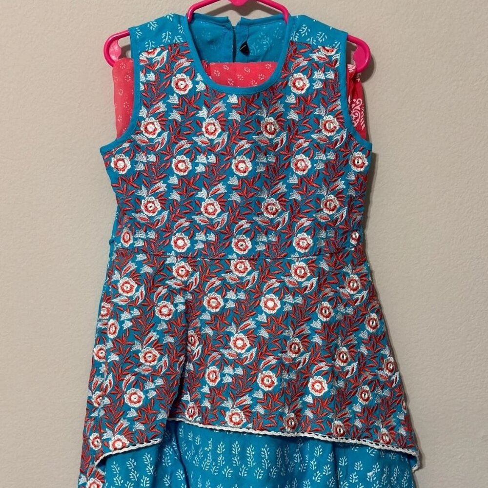 Aarong Traditional Sleeveless Top Lehenga Skirt & Dupatta Blue Peach 4-5 Years